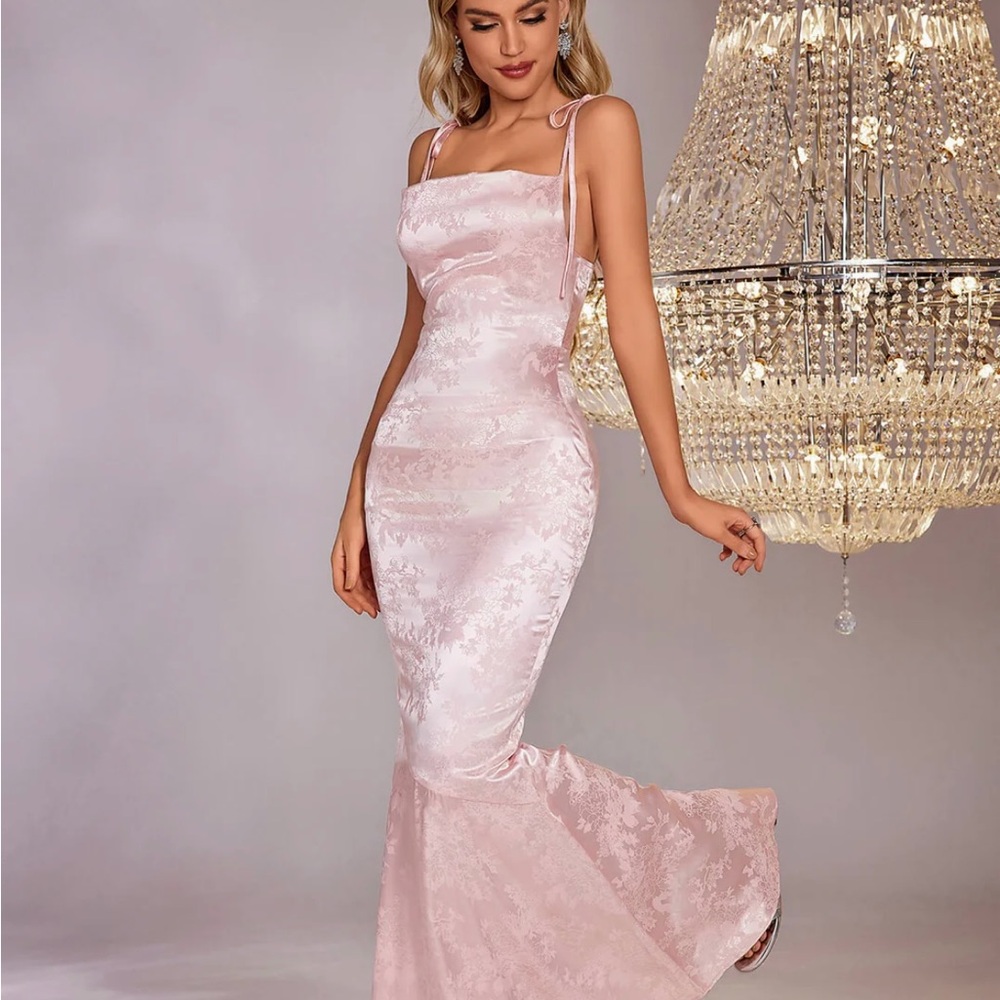 Floral Jacquard Lace up Backless Split Hem Satin Dress